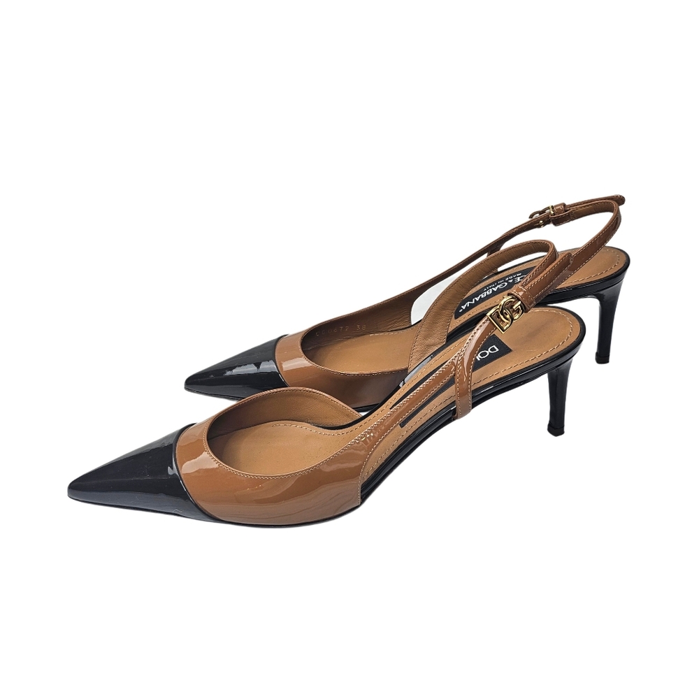 Dolce & Gabbana Two-Tone Black and Brown Patent Leather Slingback Heels